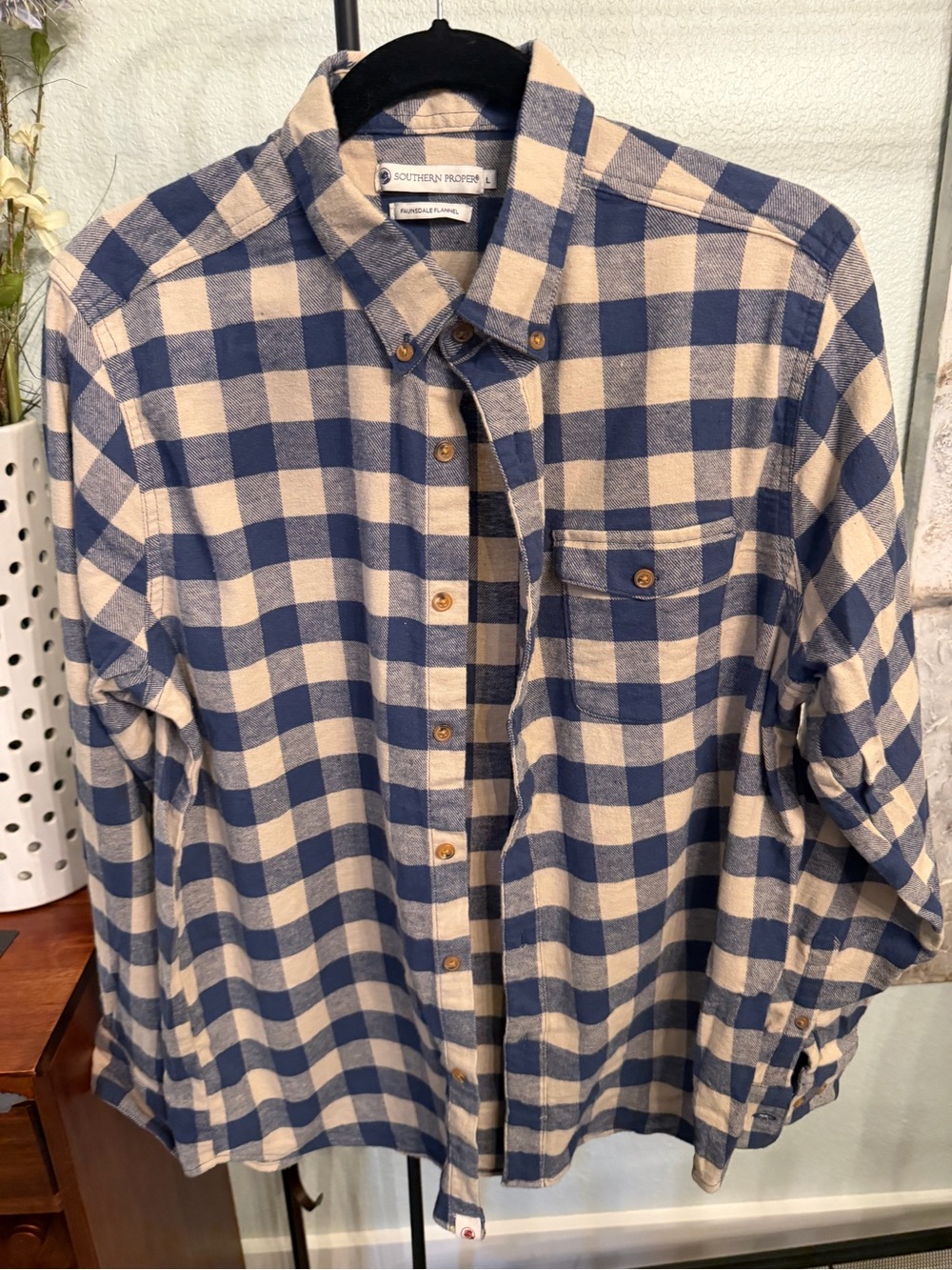Southern Proper Blue and Cream Check Flannel Button-Down Shirt
